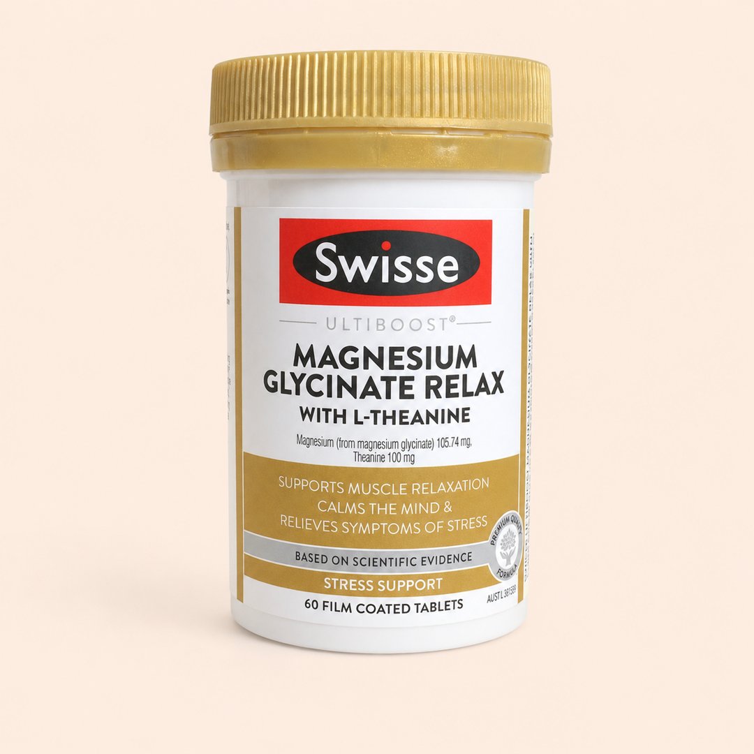 Cover produk Swisse Ultiboost Magnesium Glycinate Relax - 60 Tablet dengan latar krem