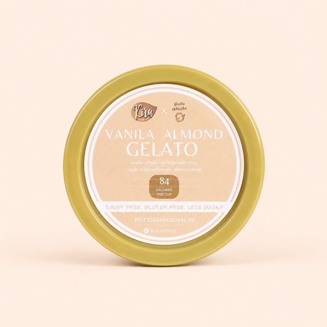 Cover produk Kira Vanila Almond Gelato - Low Calorie & Dairy Free dengan latar krem