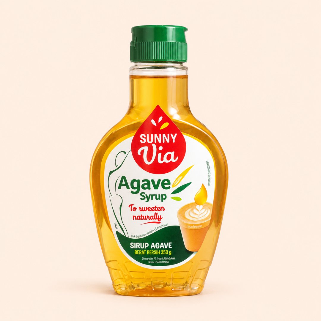 Cover produk Sunny Via Agave Syrup 350g - Pemanis Alami Rendah Glikemik dengan latar krem