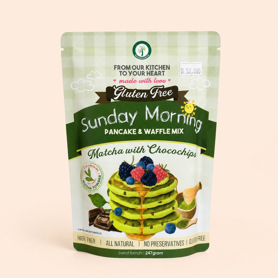 Cover produk Sunday Morning Pancake Waffle Mix Matcha Chocochips 247g dengan latar krem