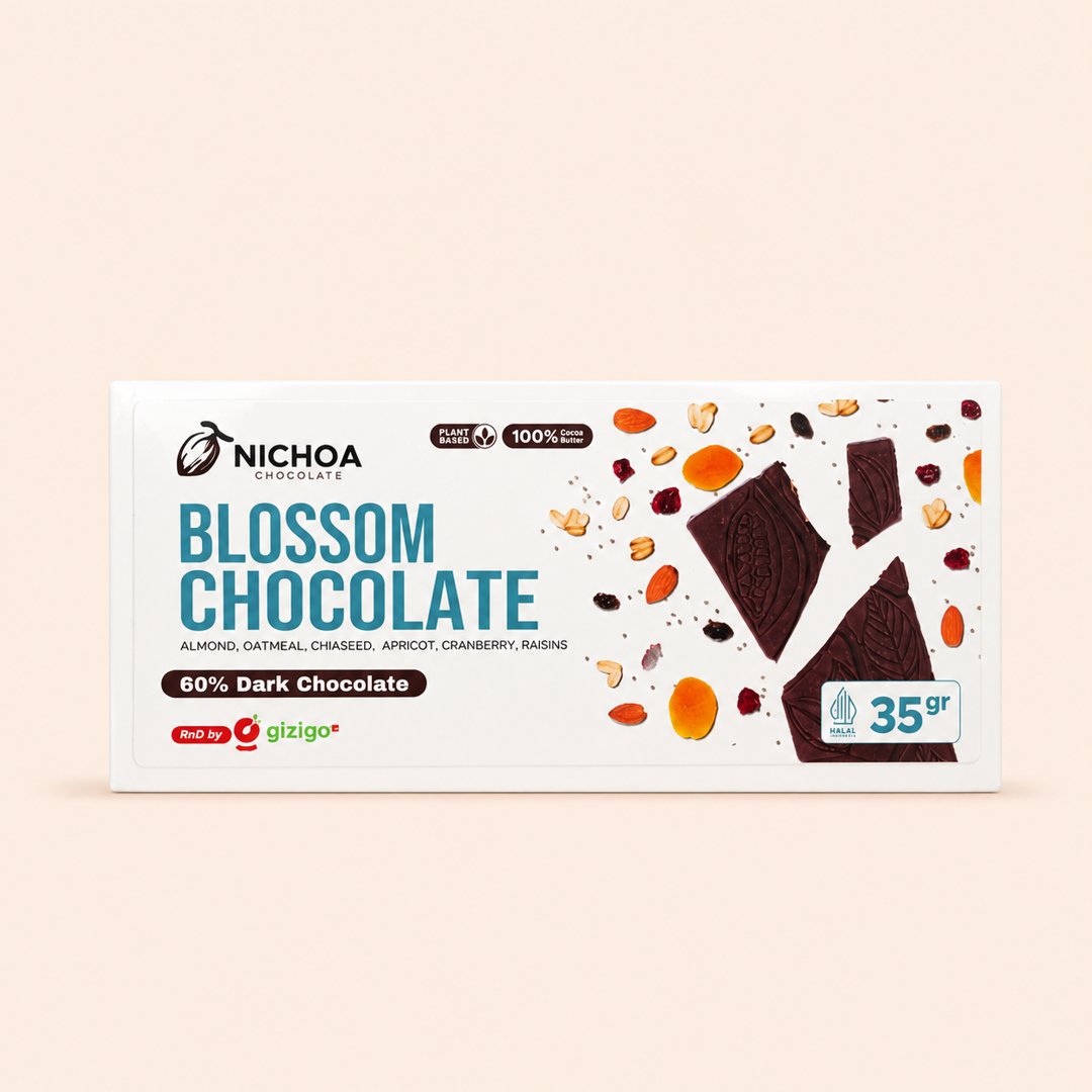 Cover produk Nichoa Blossom Chocolate 60% Dark Chocolate with Superfoods 35gr dengan latar krem