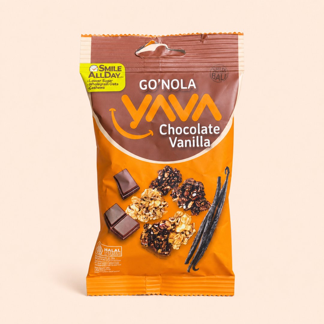 Cover produk Yava Go'nola Chocolate Vanilla 35g - Granola Sehat Khas Bali dengan latar krem
