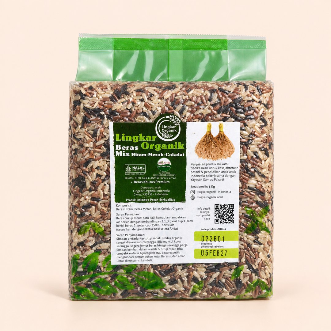 Cover produk Lingkar Organik Beras Mix Hitam Merah Cokelat 1kg dengan latar krem