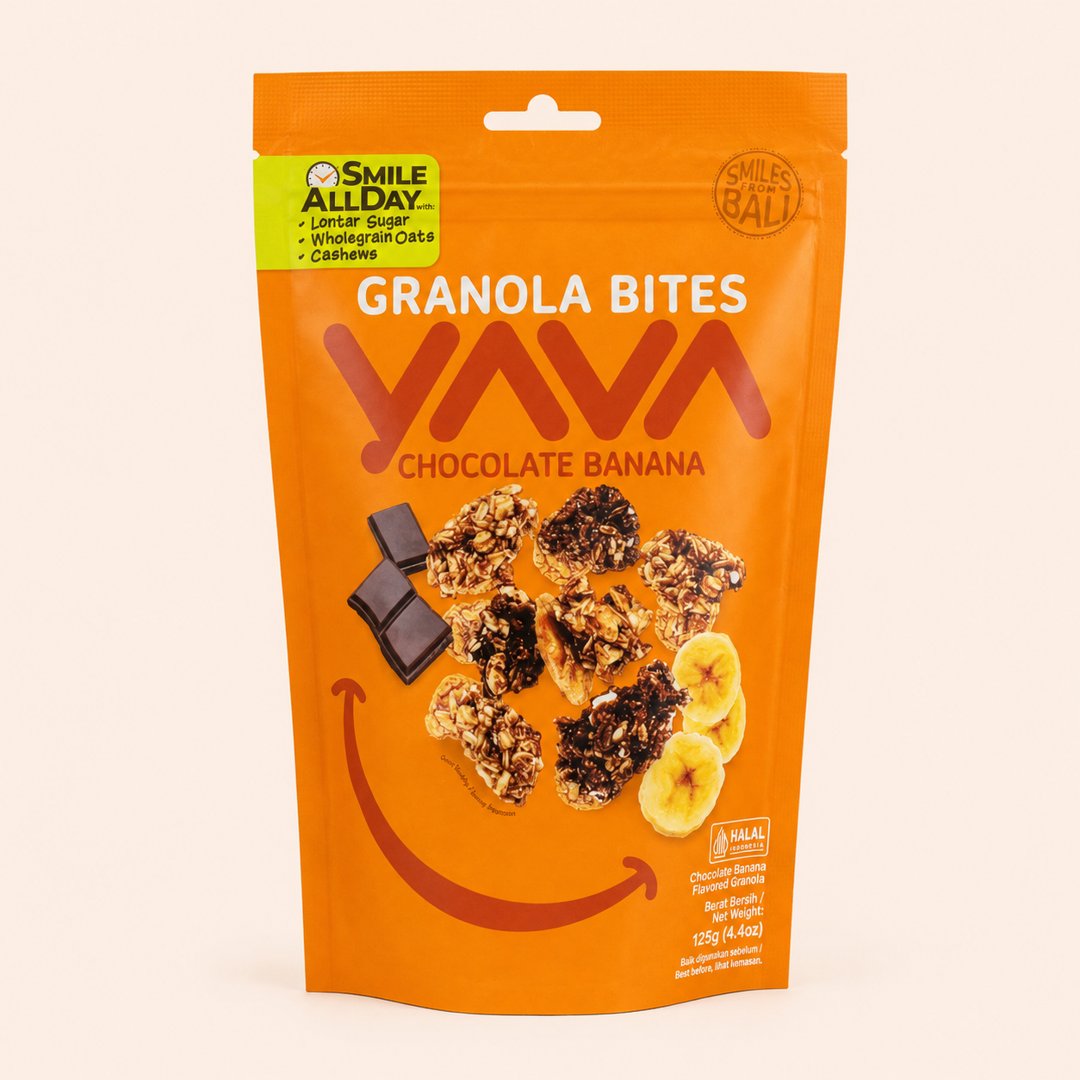 Cover produk Yava Granola Bites Chocolate Banana 125g dengan latar krem