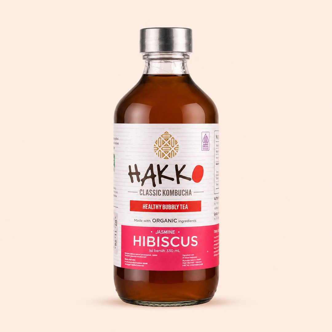 Cover produk Hakko Classic Kombucha Jasmine Hibiscus - Minuman Probiotik Organik dengan latar krem