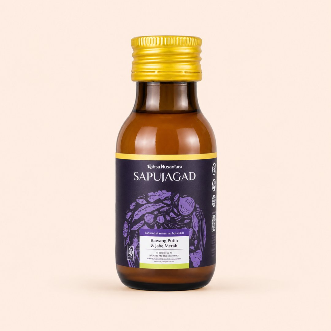 Cover produk Sapu Jagad Rahsa Nusantara - Konsentrat Jahe Merah & Bawang Putih 60ml dengan latar krem