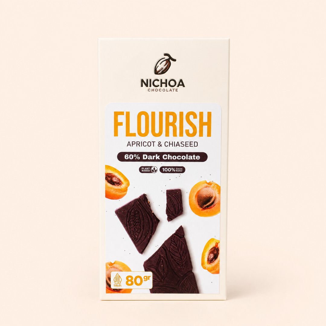 Cover produk Nichoa Chocolate Flourish Apricot & Chiaseed 60% Dark Chocolate 80g dengan latar krem