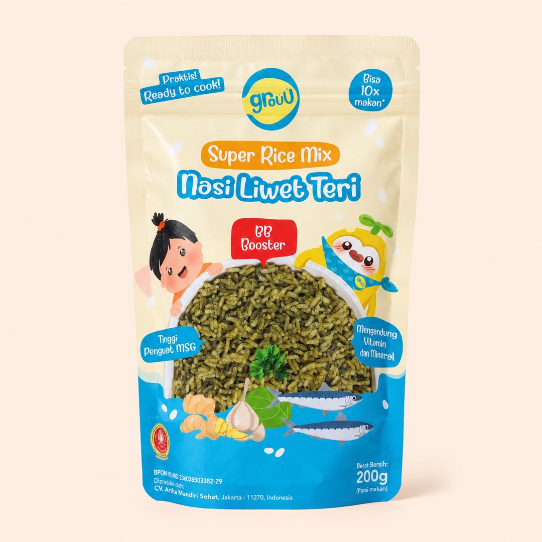 Cover produk Grouu Super Rice Mix Nasi Liwet Teri 200g dengan latar krem