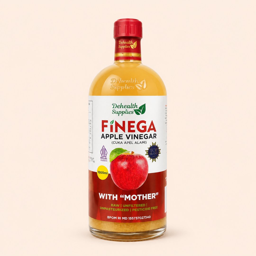Cover produk Finega Apple Cider Vinegar with Mother DeHealth 1000ml dengan latar krem