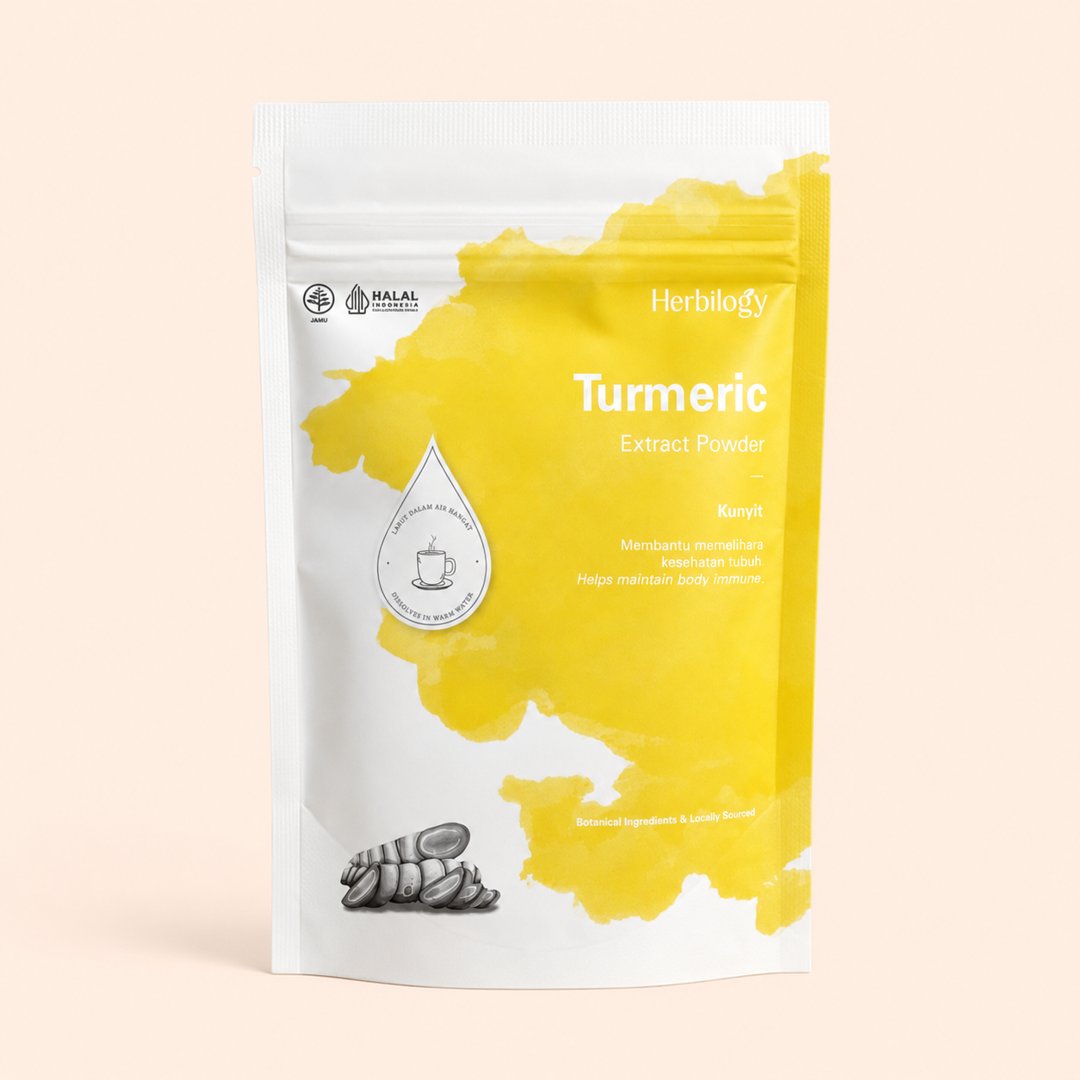 Cover produk Herbilogy Turmeric Extract Powder 100g dengan latar krem