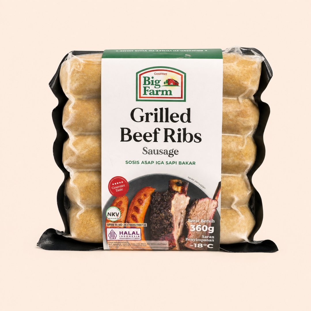 Cover produk Big Farm Grilled Beef Ribs Sausage - Sosis Sapi Asap Premium 360g dengan latar krem