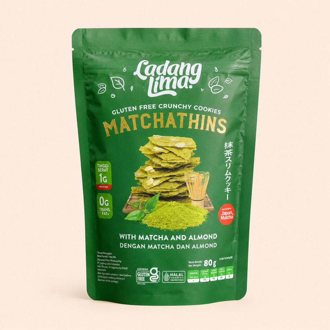 Cover produk Ladang Lima Matchathins Gluten Free Matcha Almond Cookies 80g dengan latar krem