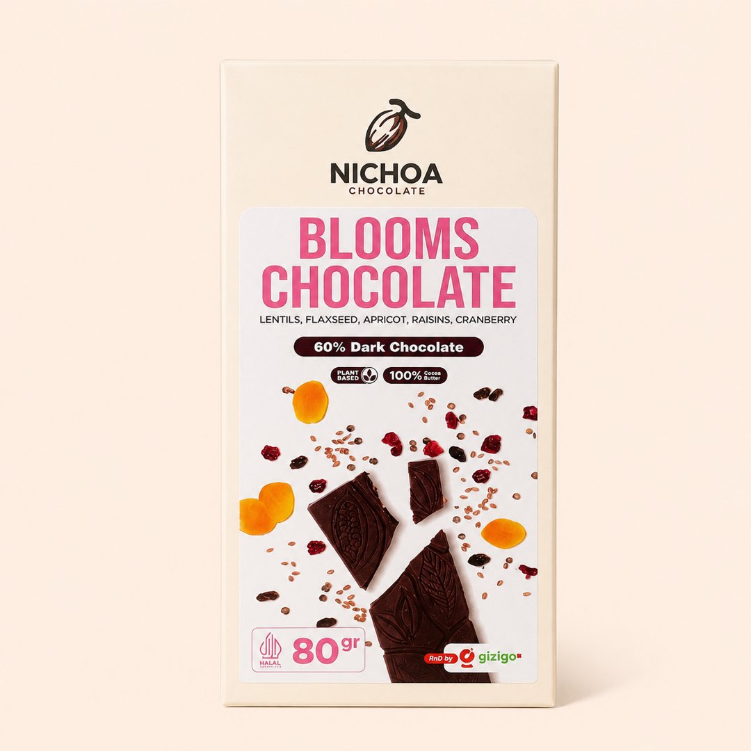 Cover produk Nichoa Blooms Chocolate 60% Dark Chocolate with Superfood 80gr dengan latar krem