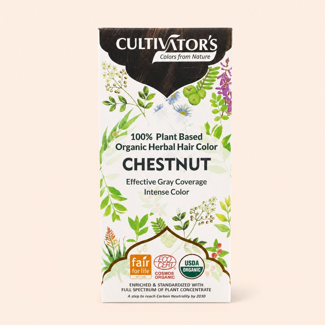 Cover produk Cultivator's Organic Herbal Hair Color Chestnut 100gr dengan latar krem