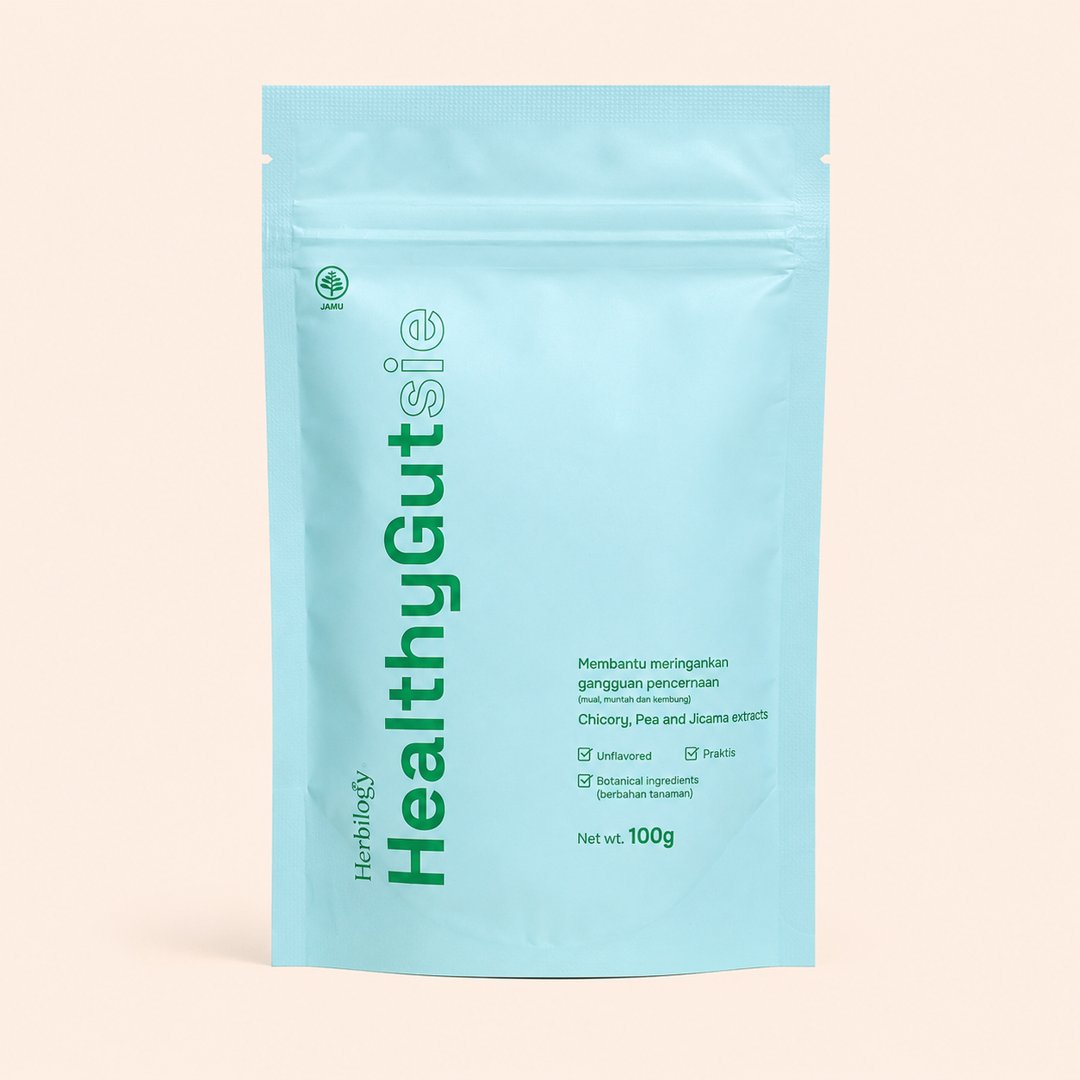 Cover produk Herbilogy HealthyGutsie 100g dengan latar krem