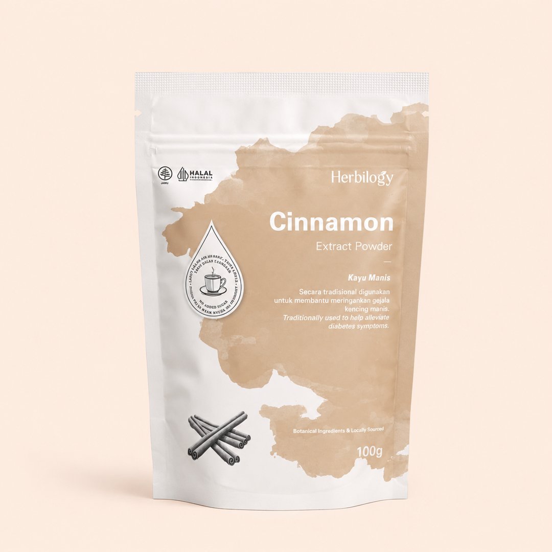 Cover produk Herbilogy Cinnamon Extract Powder 100g dengan latar krem