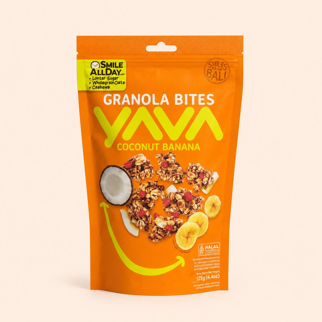 Cover produk Yava Granola Bites Coconut Banana 125g dengan latar krem