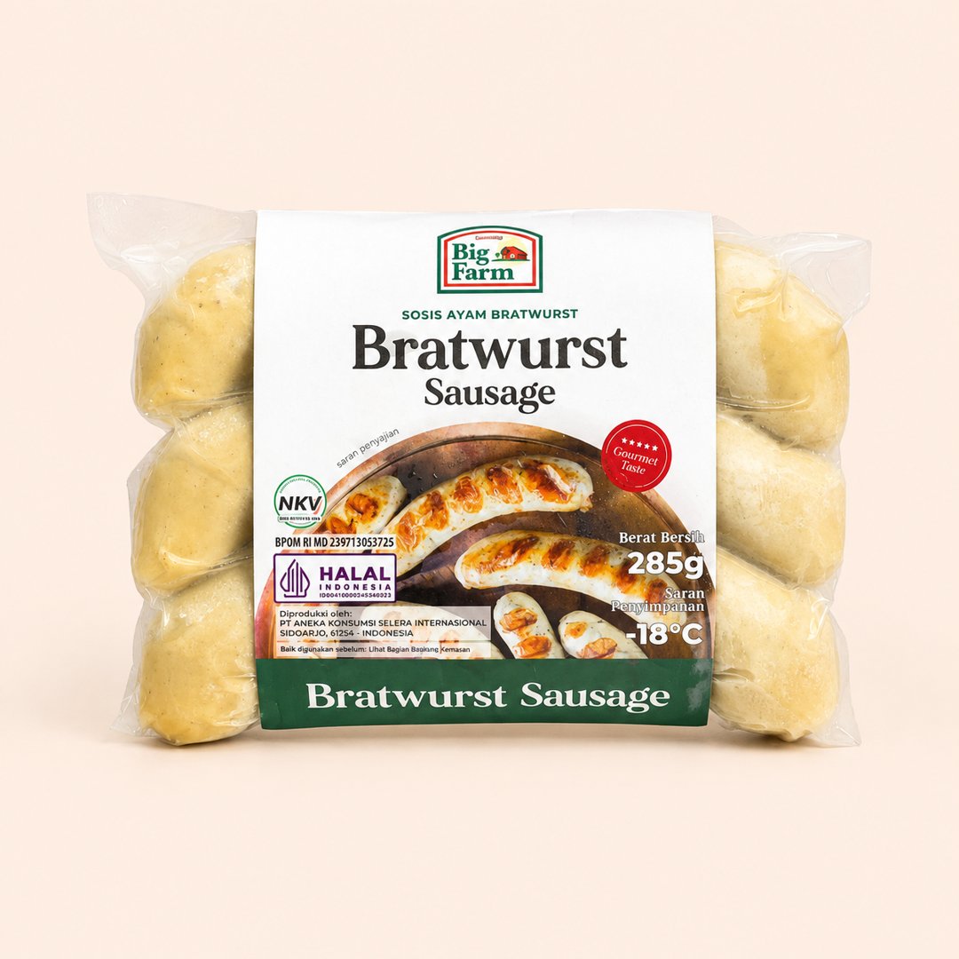 Cover produk Big Farm Bratwurst Chicken Sausage 285g dengan latar krem