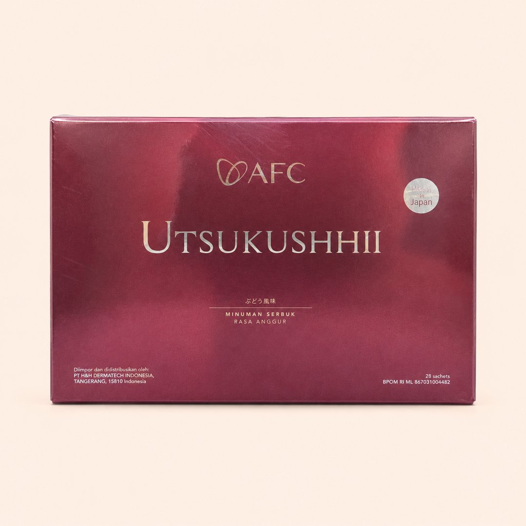 Cover produk AFC Utsukushhii Gold Version - Minuman Serbuk Salmon DNA & Kolagen Jepang dengan latar krem
