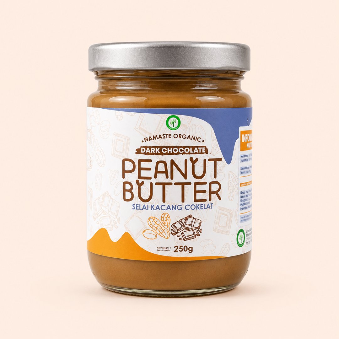 Cover produk Namaste Organic Dark Chocolate Peanut Butter 250g dengan latar krem