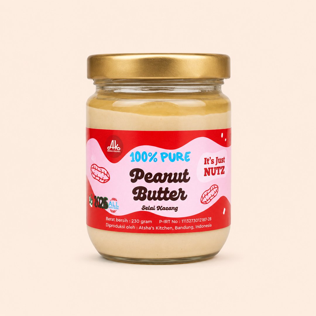 Cover produk Atsha's Kitchen 100% Pure Peanut Butter 230gr dengan latar krem