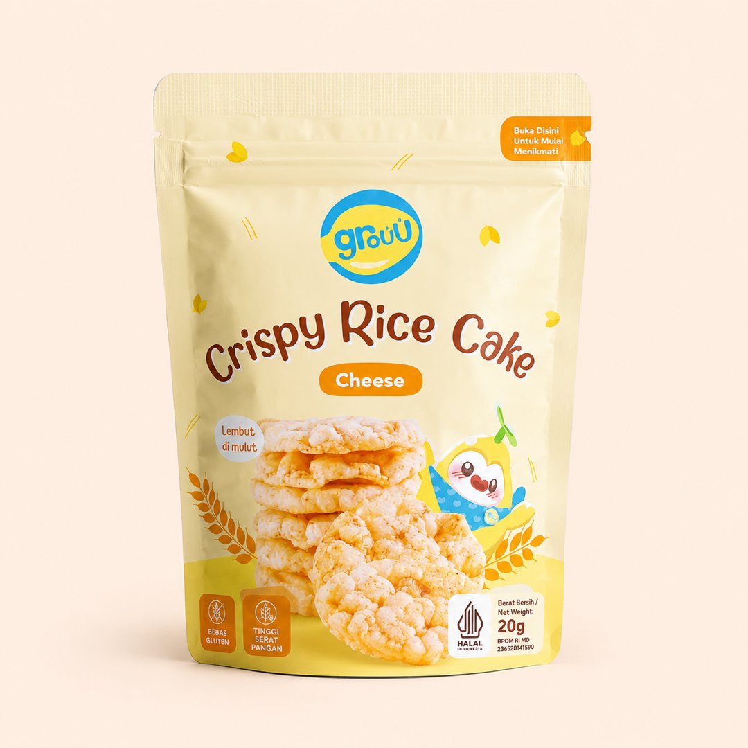 Cover produk Grouu Crispy Rice Cake Cheese 20g dengan latar krem