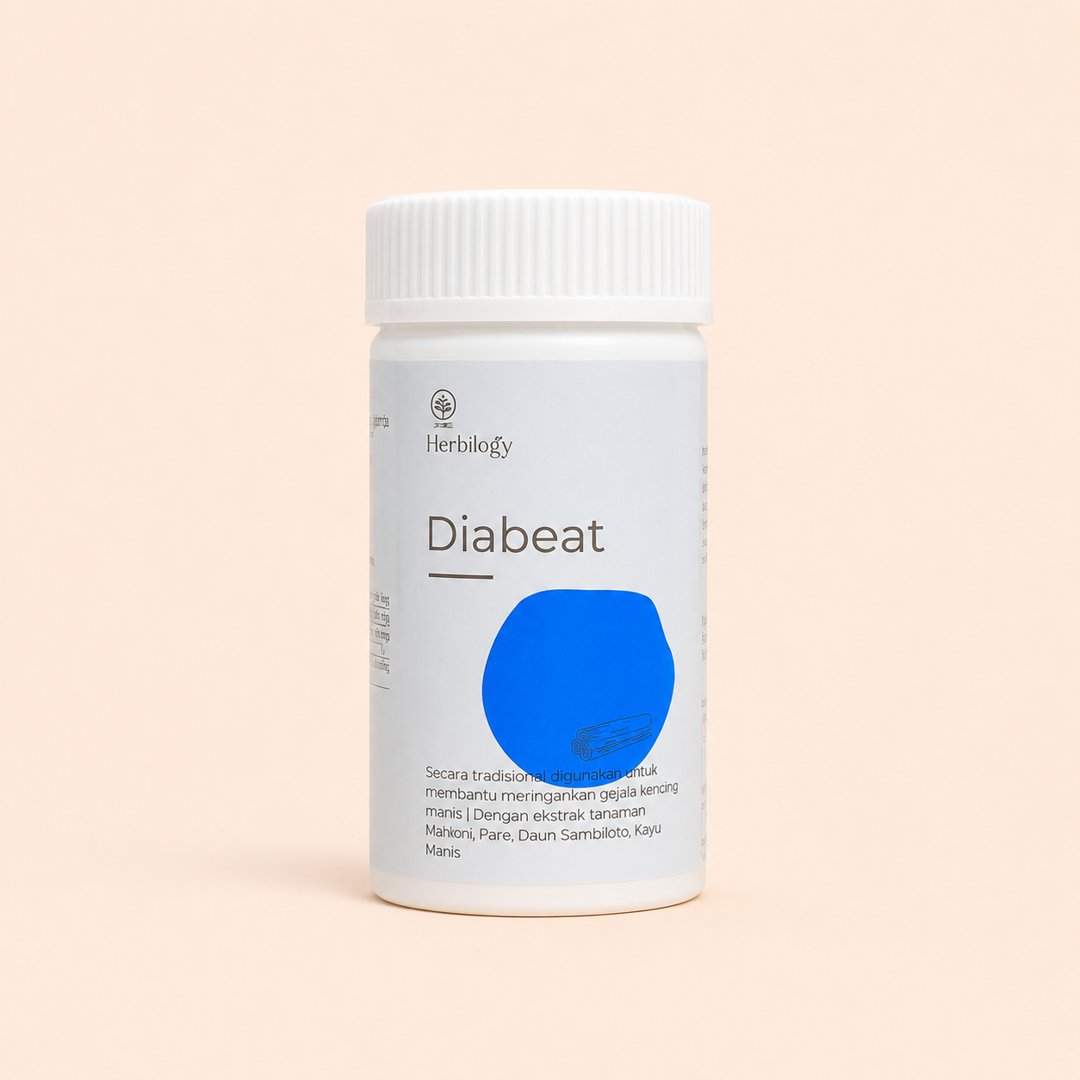 Cover produk Herbilogy Diabeat dengan latar krem