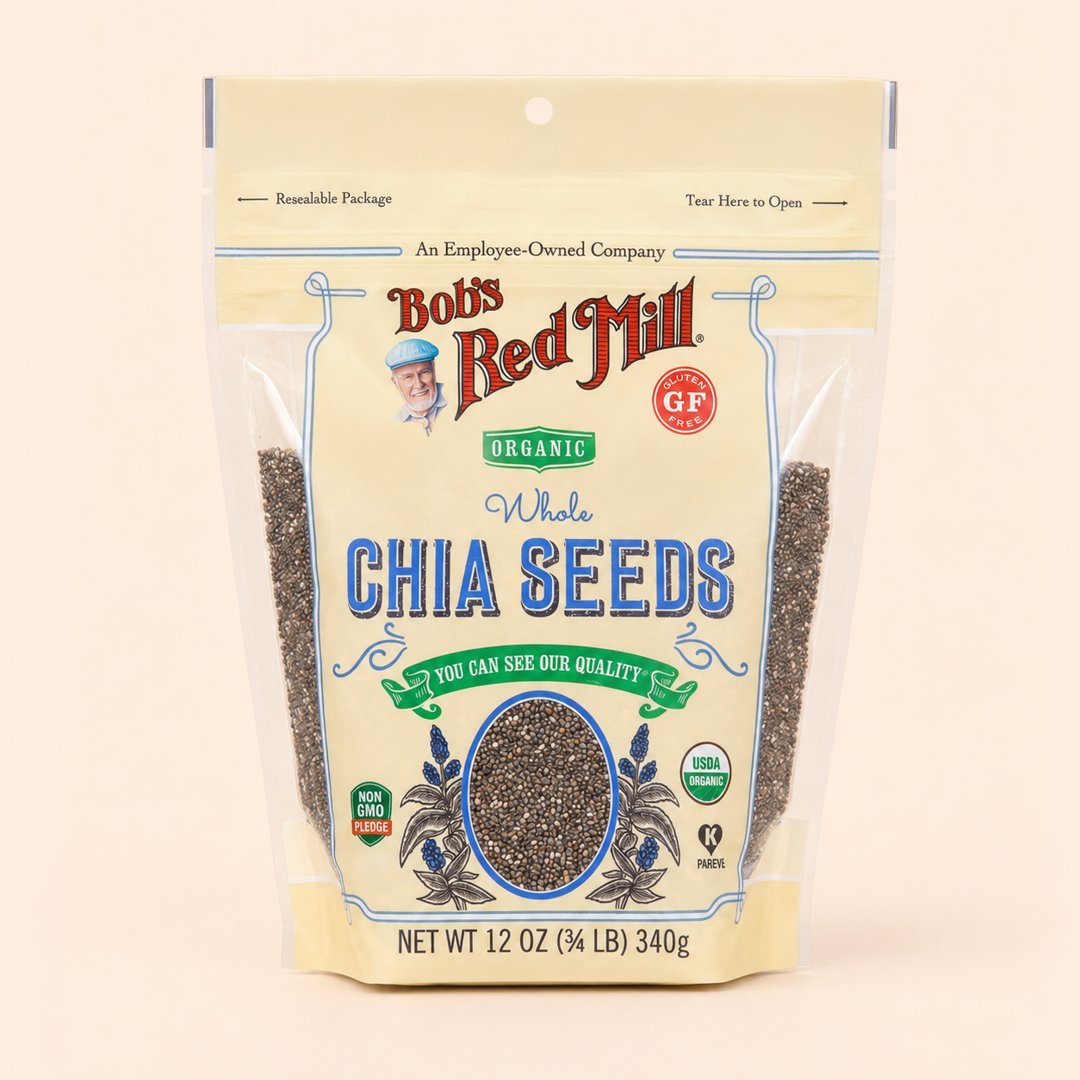 Cover produk Bob's Red Mill Organic Whole Chia Seeds 340g dengan latar krem