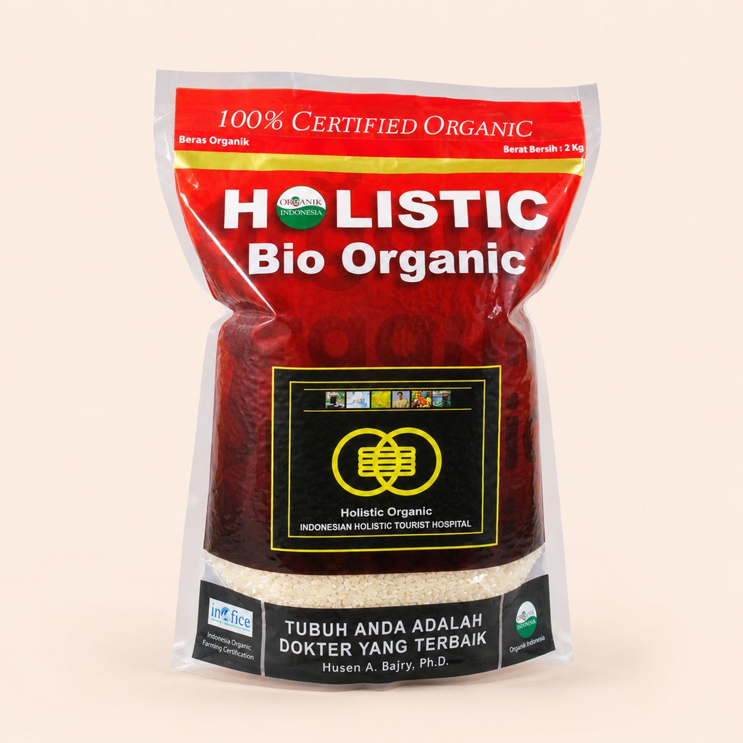 Cover produk Beras Putih Holistic Bio Organic 2kg dengan latar krem