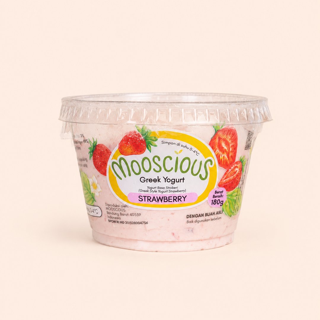 Cover produk Mooscious Greek Style Yogurt Strawberry 180g dengan latar krem