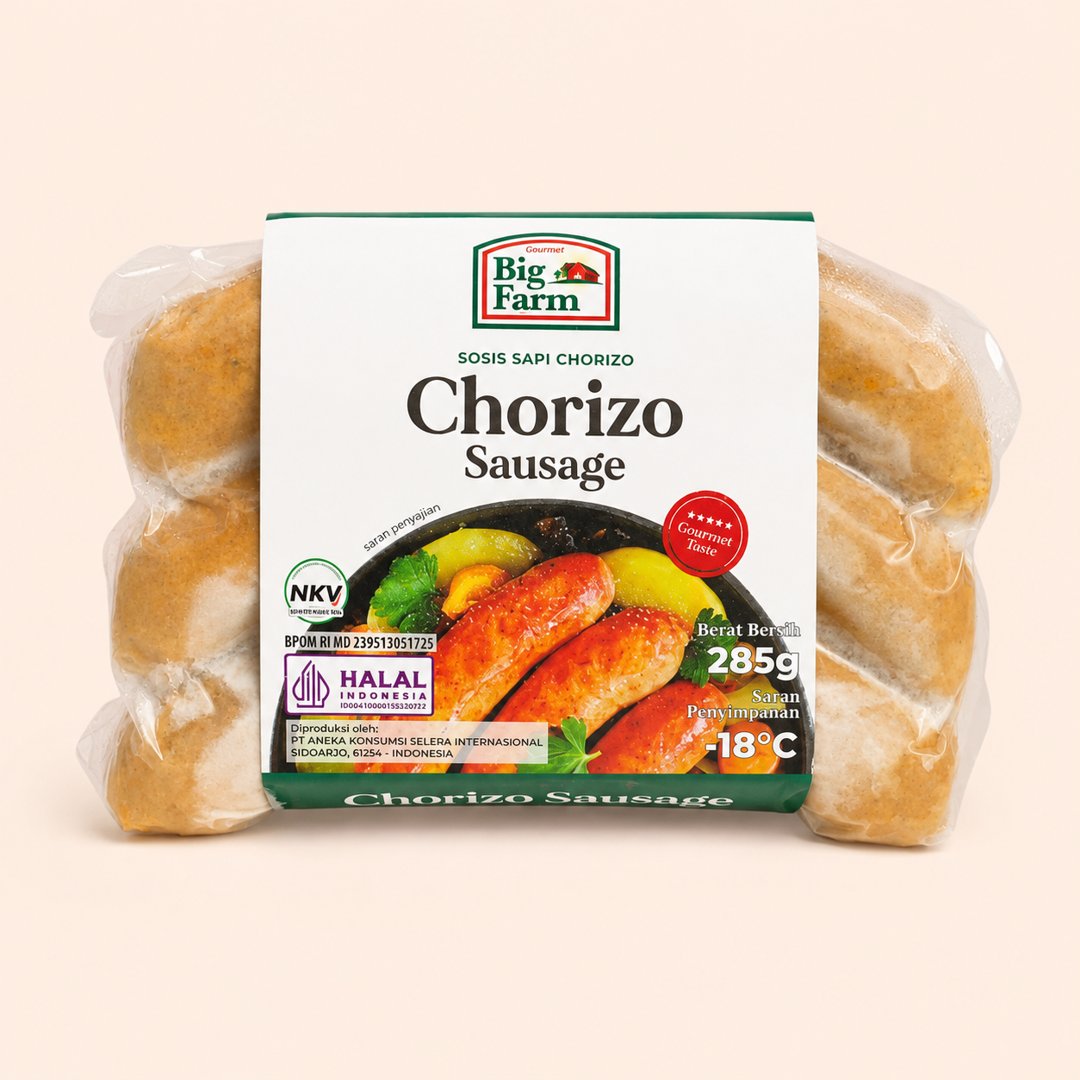 Cover produk Big Farm Chorizo Beef Sausage 285g - Sosis Sapi Asap Premium dengan latar krem