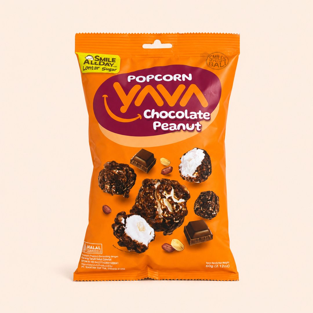 Cover produk Yava Popcorn Chocolate Peanut 60g dengan latar krem