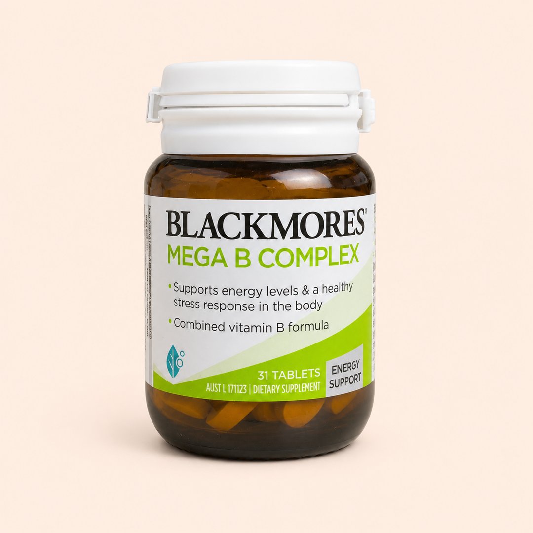 Cover produk Blackmores Mega B Complex Suplemen Energi & Anti Stres (31 Tablet) dengan latar krem