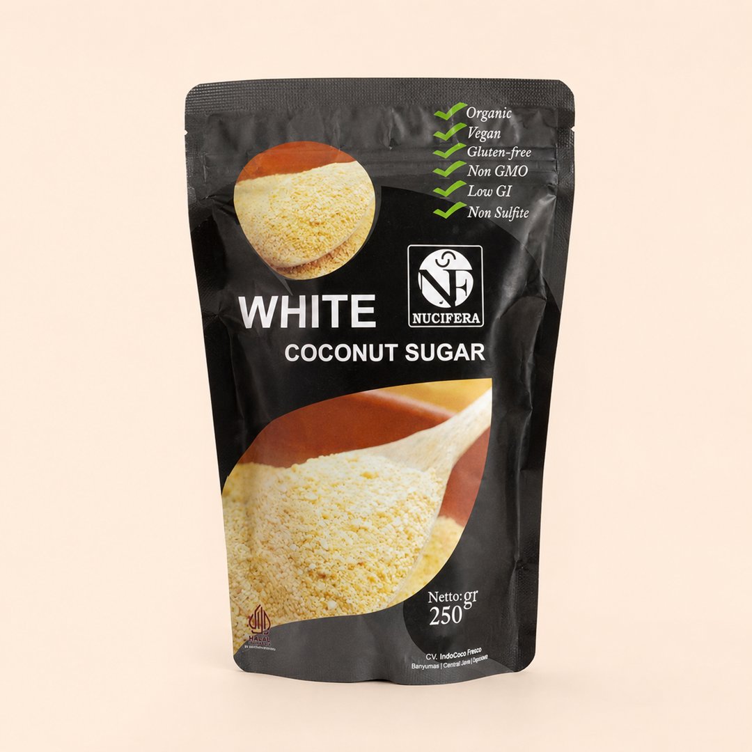 Cover produk Nucifera White Coconut Sugar 250g - Gula Kelapa Putih Organik dengan latar krem