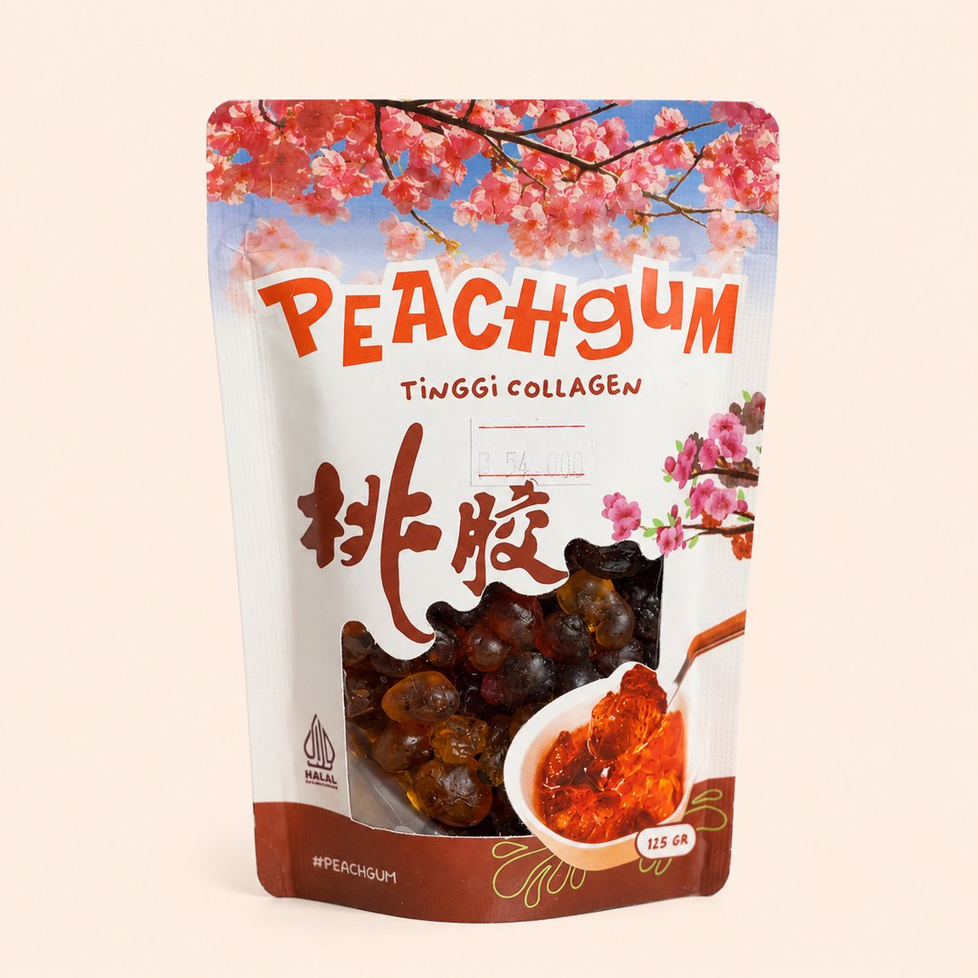 Cover produk Peachgum Tinggi Collagen - Superfood Kecantikan Alami 125gr dengan latar krem