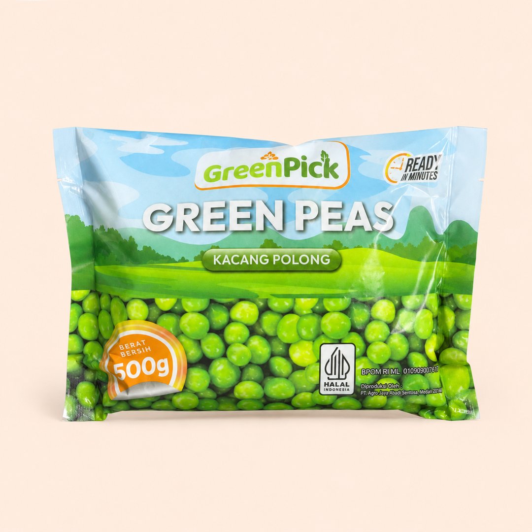 Cover produk GreenPick Green Peas Frozen 500g - Kacang Polong Beku Segar dengan latar krem