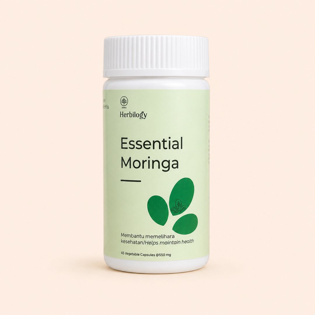 Cover produk Herbilogy Essential Moringa dengan latar krem