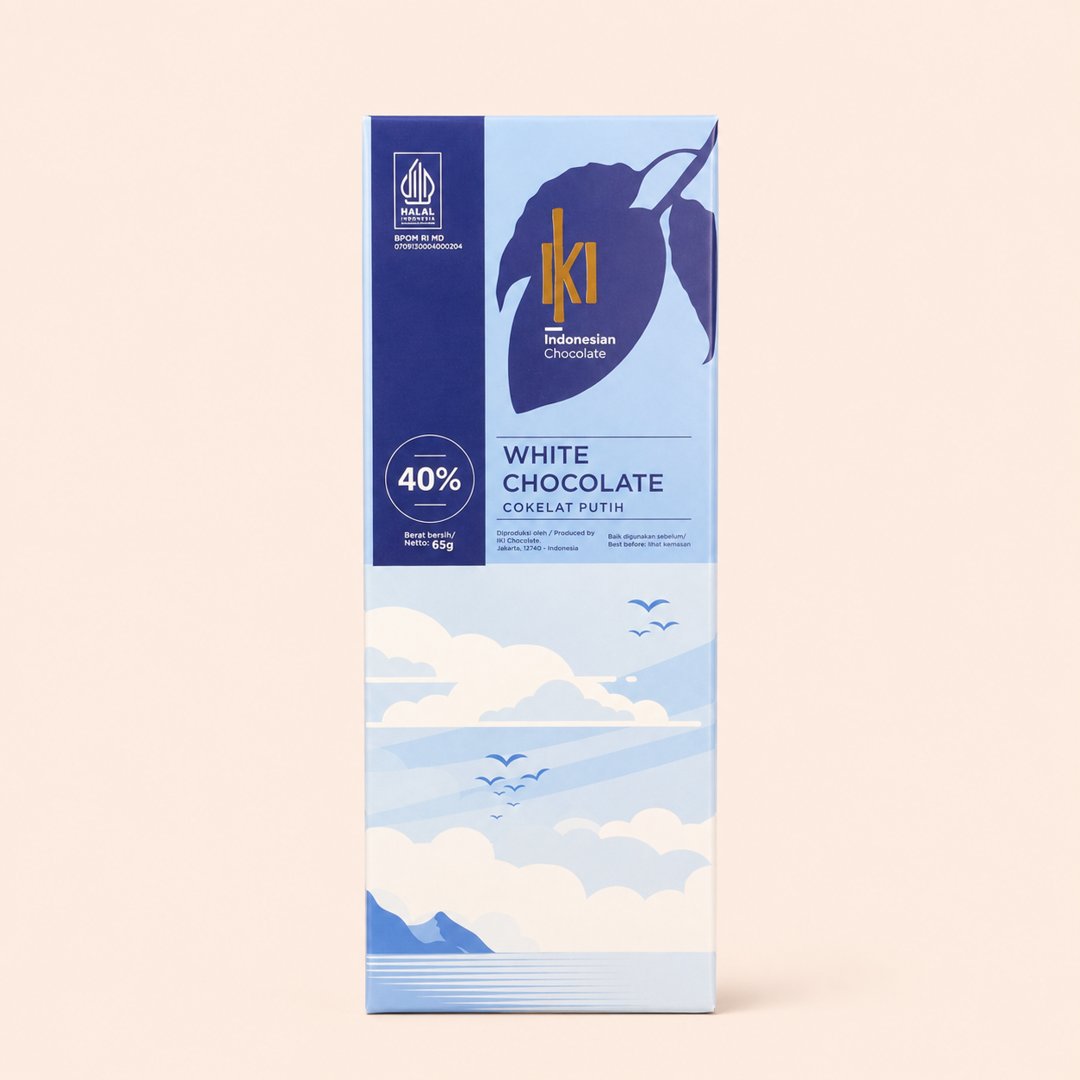 Cover produk Iki Indonesian Chocolate White Chocolate 40% 65g dengan latar krem