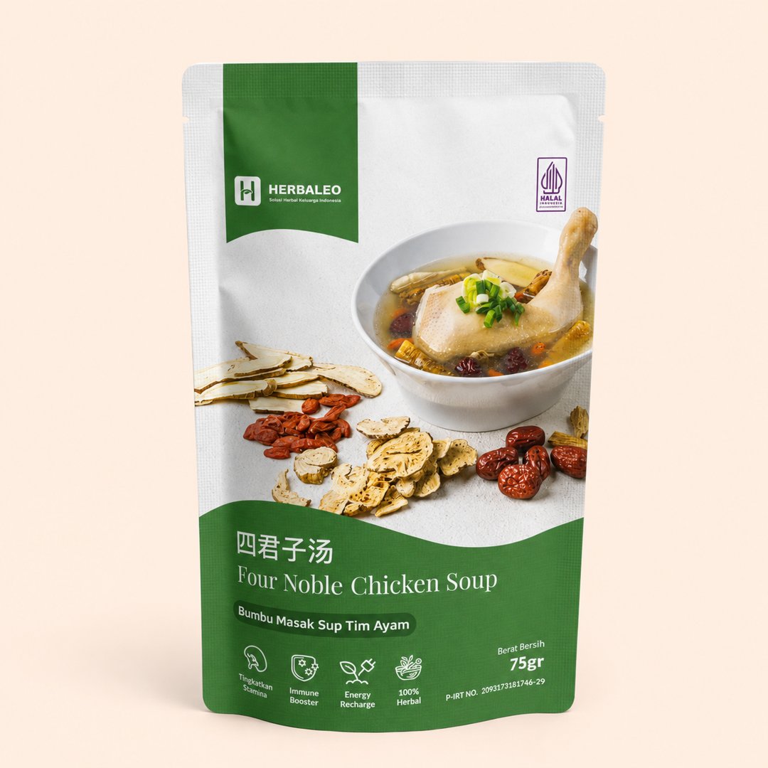 Cover produk Herbaleo Four Noble Chicken Soup 75g dengan latar krem