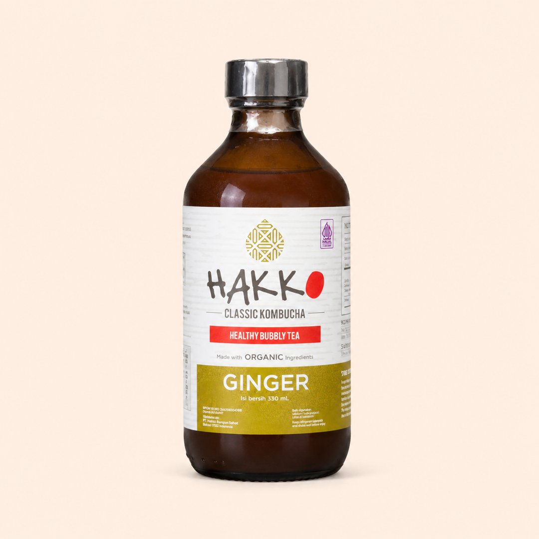 Cover produk Hakko Classic Kombucha Ginger - Minuman Probiotik Organik 330ml dengan latar krem