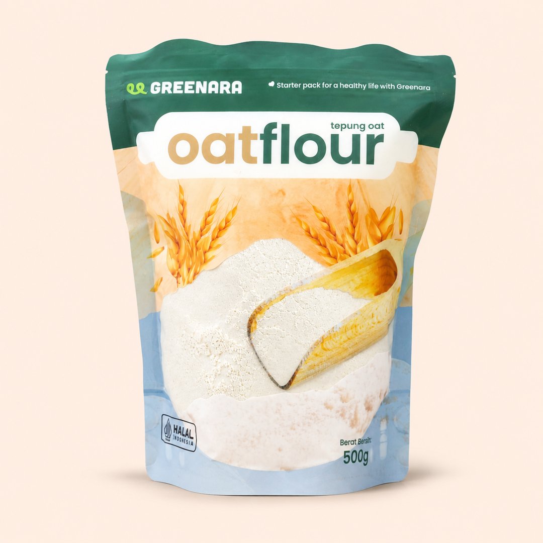 Cover produk Greenara Tepung Oat Flour 500g - Pengganti Terigu Rendah Glikemik dengan latar krem