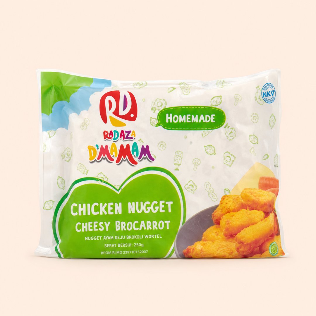 Cover produk D'Mamam Chicken Nugget Cheesy Brocarrot 250gr dengan latar krem