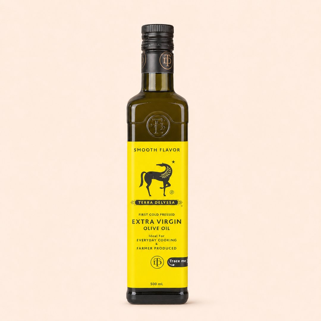 Cover produk Terra Delyssa Extra Virgin Olive Oil 500ml - Smooth Flavor dengan latar krem