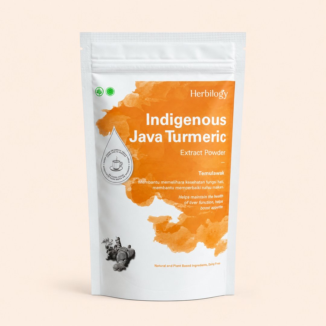 Cover produk Herbilogy Indigenous Java Turmeric Extract Powder 100g dengan latar krem