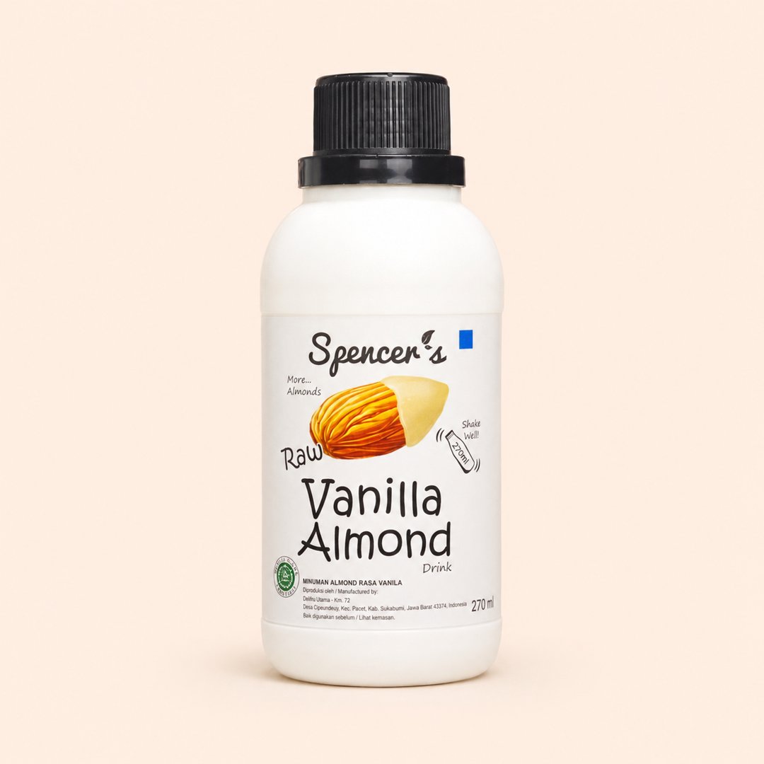 Cover produk Spencer's Raw Vanilla Almond Milk Drink 270ml dengan latar krem