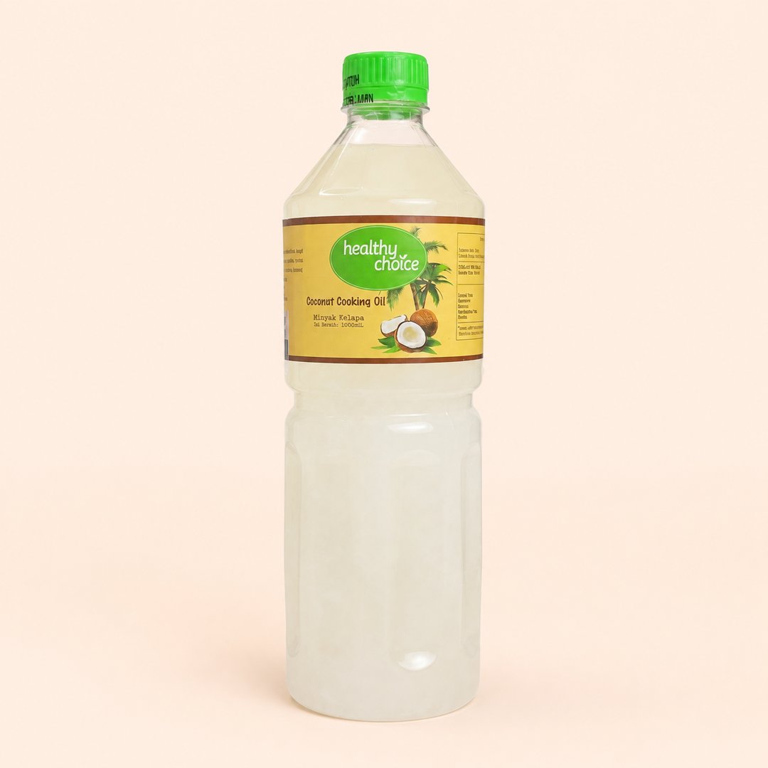 Cover produk Healthy Choice Coconut Cooking Oil - Minyak Kelapa Murni 1L dengan latar krem