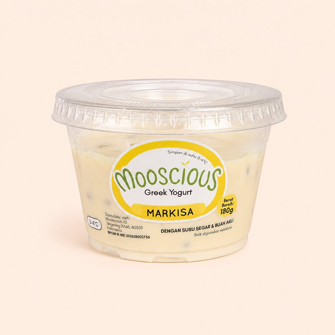 Cover produk Mooscious Greek Yogurt Markisa 180g dengan latar krem