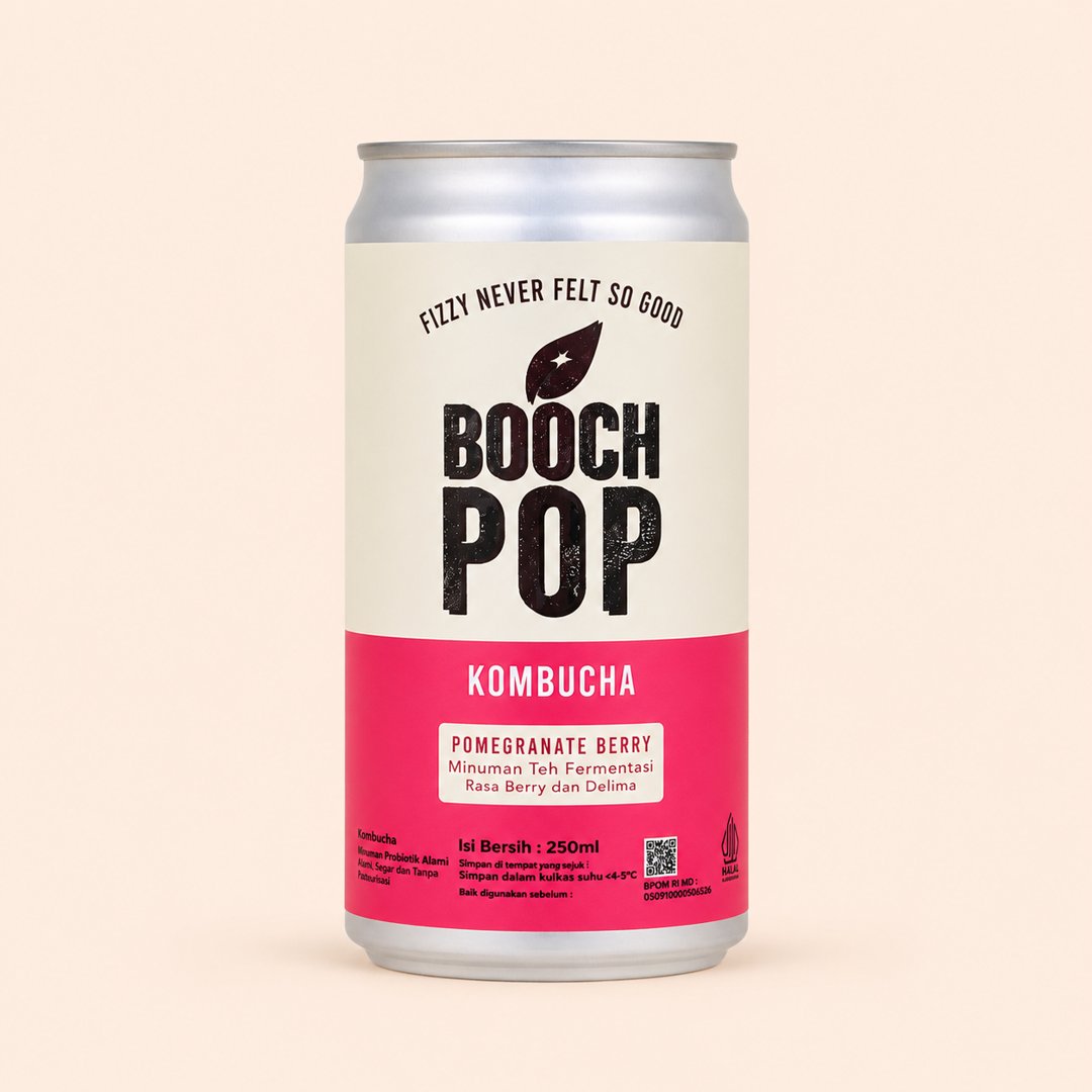 Cover produk Booch Pop Pomegranate Berry Kombucha - Minuman Probiotik Alami 250ml dengan latar krem