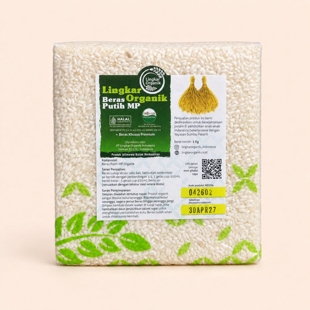 Cover produk Lingkar Organik Beras Putih Menthik Susu Organik 1kg dengan latar krem