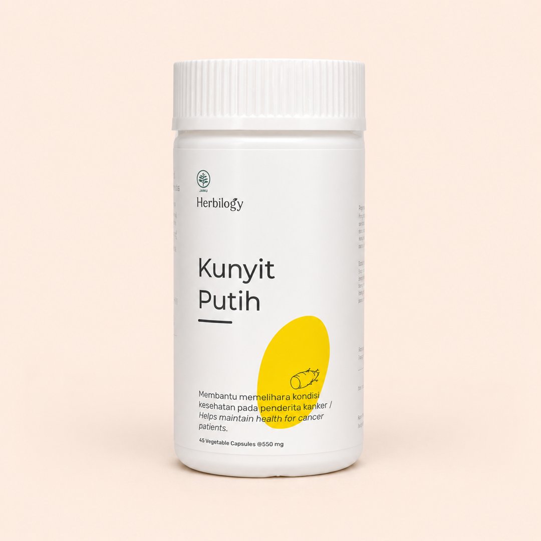 Cover produk Herbilogy Kunyit Putih Extract dengan latar krem